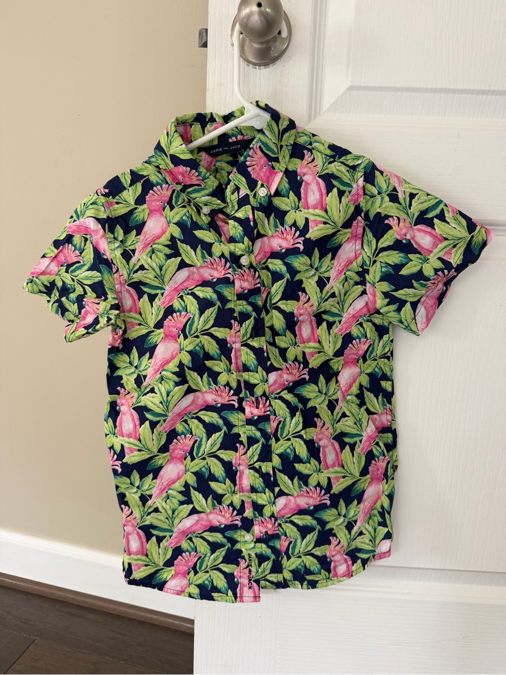 Janie and Jack Navy Short-Sleeve Shirt with Pink Parrot & Green Leaf Print